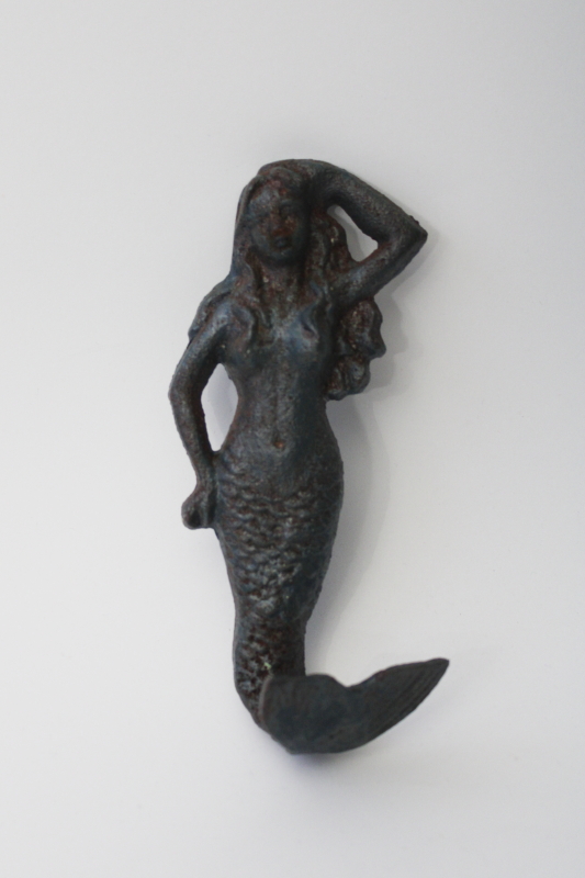 photo of cast iron mermaid hook wall hanger, vintage style rusty crusty coastal decor #1