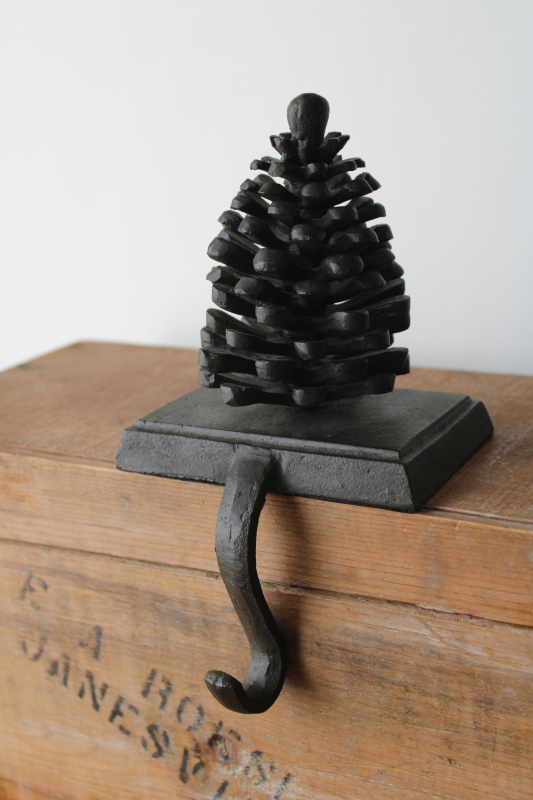 photo of cast iron pinecone Christmas stocking hanger or wreath holder, modern rustic holiday decor  #2