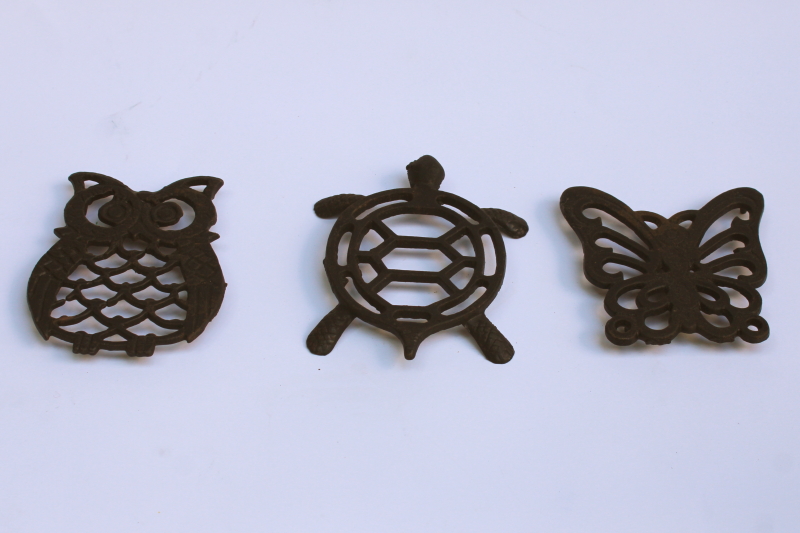photo of cast metal mini trivets, 70s vintage wall art owl, turtle, butterfly retro kitchen decor  #1