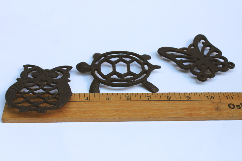 photo of cast metal mini trivets, 70s vintage wall art owl, turtle, butterfly retro kitchen decor  #2