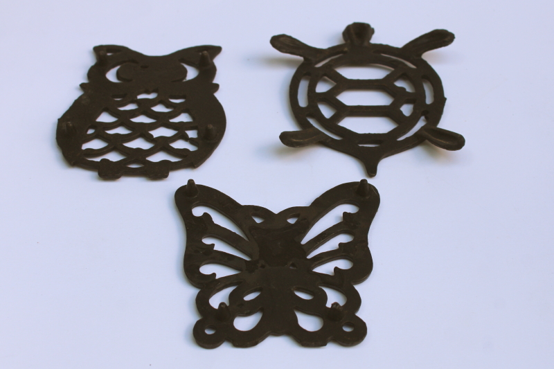photo of cast metal mini trivets, 70s vintage wall art owl, turtle, butterfly retro kitchen decor  #3