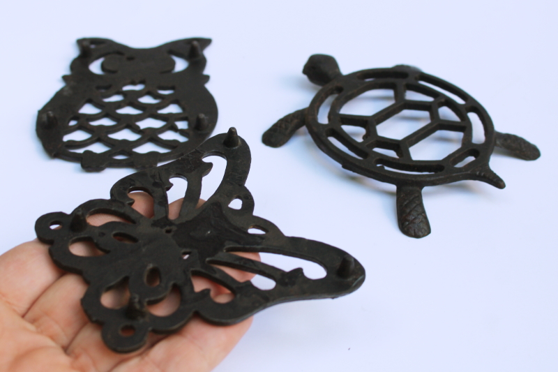 photo of cast metal mini trivets, 70s vintage wall art owl, turtle, butterfly retro kitchen decor  #5