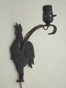 catalog photo of cast metal rooster wall mount lamp, 40s - 50s vintage pin-up type light