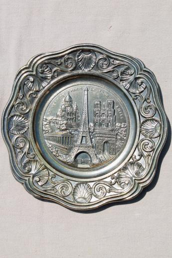 photo of cast metal souvenir w/ scene of Paris, French collector's plate w/ antique bronze finish #1