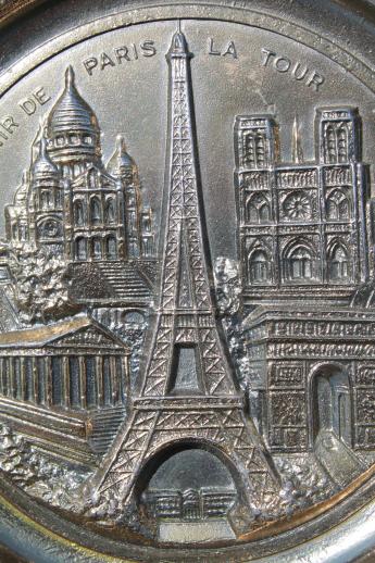 photo of cast metal souvenir w/ scene of Paris, French collector's plate w/ antique bronze finish #3