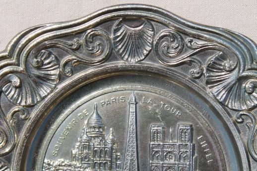 photo of cast metal souvenir w/ scene of Paris, French collector's plate w/ antique bronze finish #5