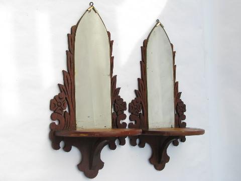 photo of cathedral window fretwork, pair early 1900s walnut bracket shelves w/ mirrors #1