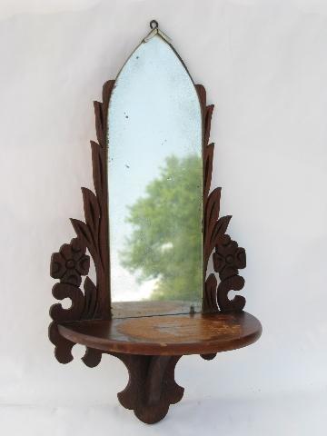 photo of cathedral window fretwork, pair early 1900s walnut bracket shelves w/ mirrors #3