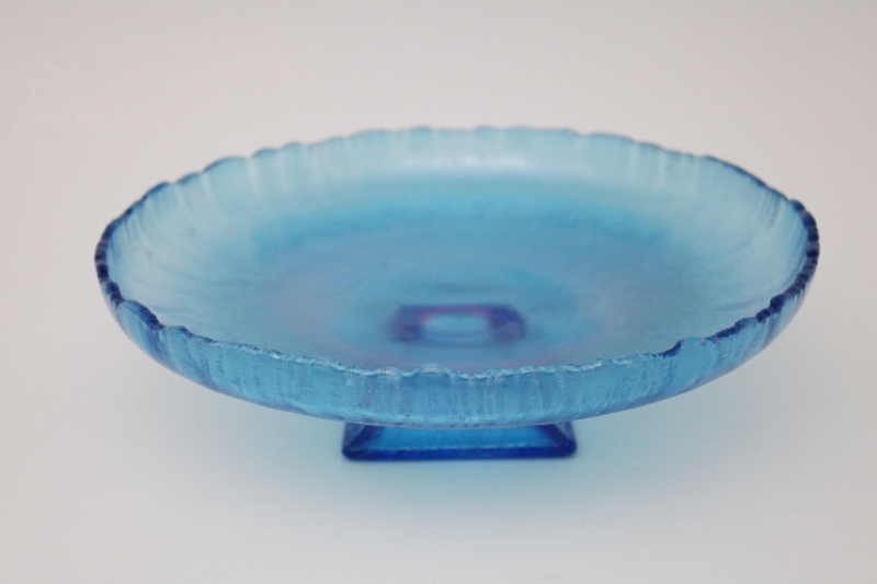 photo of celeste blue iridescent stretch glass, vintage Northwood glass square footed compote bowl #1