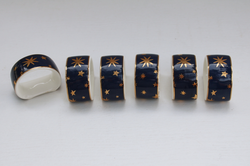 photo of celestial print china napkin holder rings set of 6, Sakura Galaxy gold stars on deep blue #1