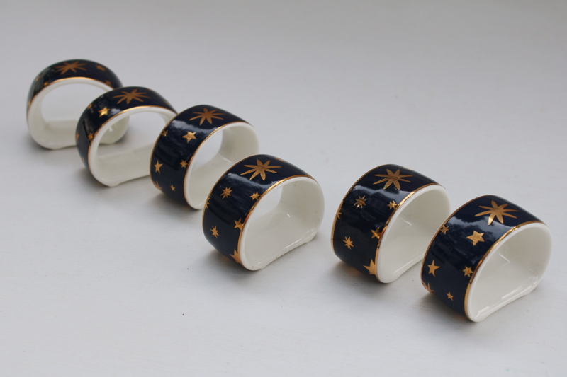 photo of celestial print china napkin holder rings set of 6, Sakura Galaxy gold stars on deep blue  #2