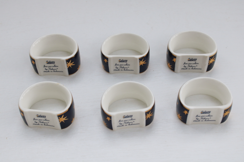 photo of celestial print china napkin holder rings set of 6, Sakura Galaxy gold stars on deep blue  #3