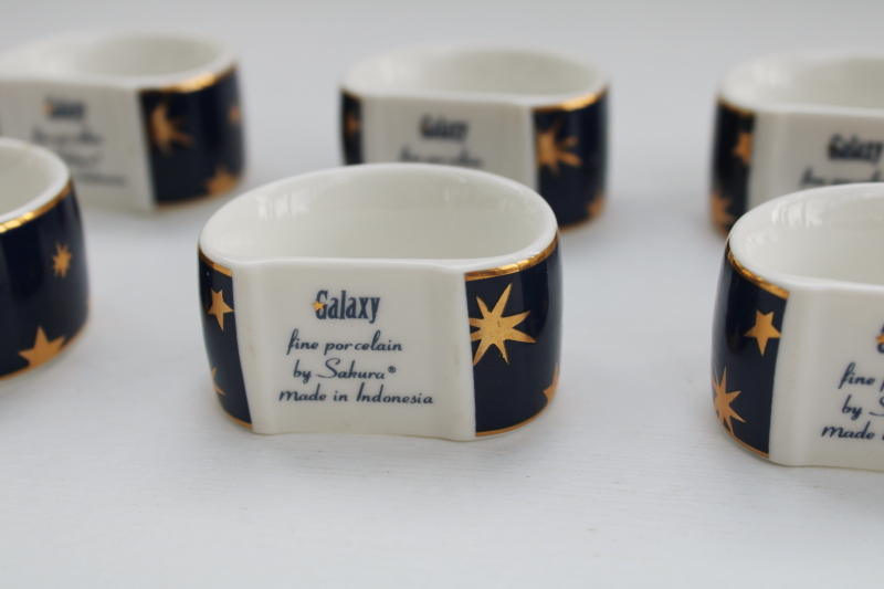 photo of celestial print china napkin holder rings set of 6, Sakura Galaxy gold stars on deep blue  #4