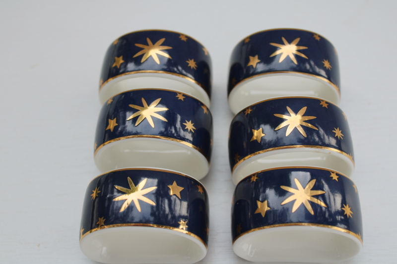 photo of celestial print china napkin holder rings set of 6, Sakura Galaxy gold stars on deep blue  #5