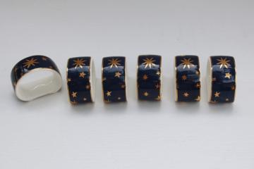 catalog photo of celestial print china napkin holder rings set of 6, Sakura Galaxy gold stars on deep blue 