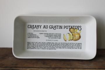 catalog photo of ceramic baking dish Au Gratin Potatoes printed recipe, modern kitchen bakeware 