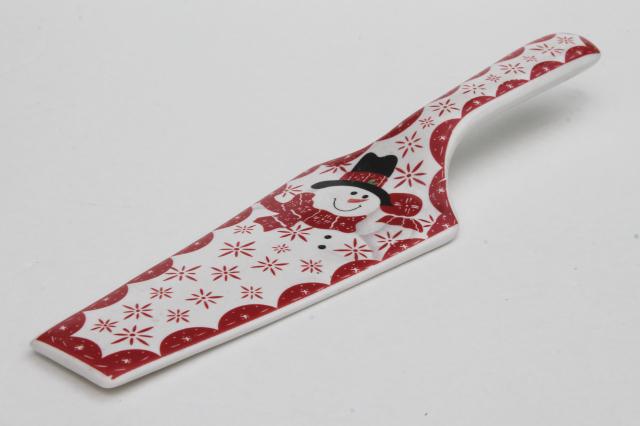 photo of ceramic cake or pie server w/ Christmas holiday snowman wearing red scarf #1