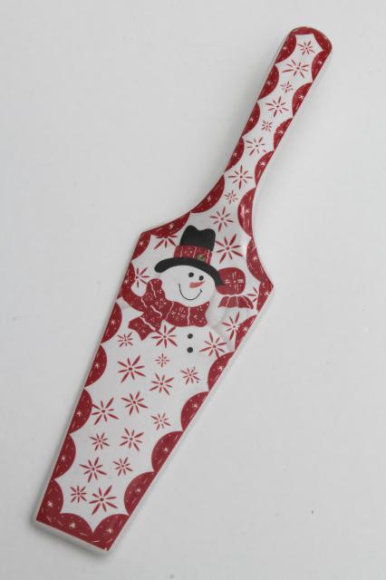 photo of ceramic cake or pie server w/ Christmas holiday snowman wearing red scarf #2