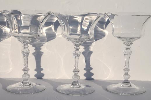 photo of champagne glasses, vintage crystal clear Cambridge gadroon blank stems, rose point shape #1