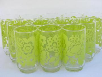 catalog photo of chartreuse flowers & butterflies print, retro 70s vintage Libbey glasses, 12 tumblers