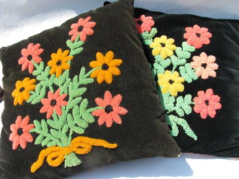 photo of chenille embroidery on velvet, vintage boudoir pillows lot, down & cotton filled #1