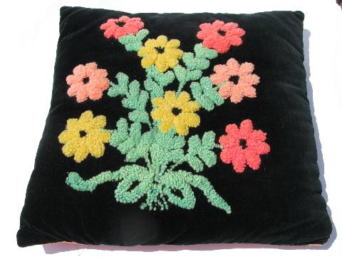 photo of chenille embroidery on velvet, vintage boudoir pillows lot, down & cotton filled #2