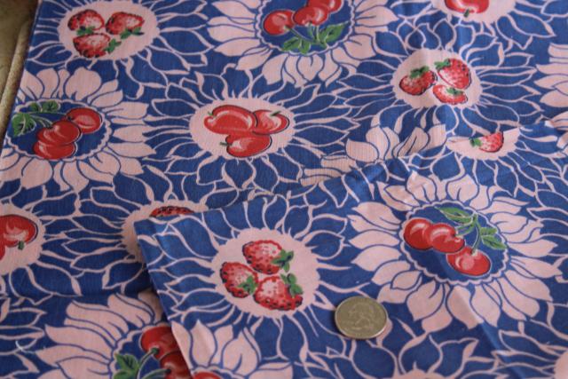 photo of cherries berries light cotton fabric, mid-century vintage pink red blue fruit print #2