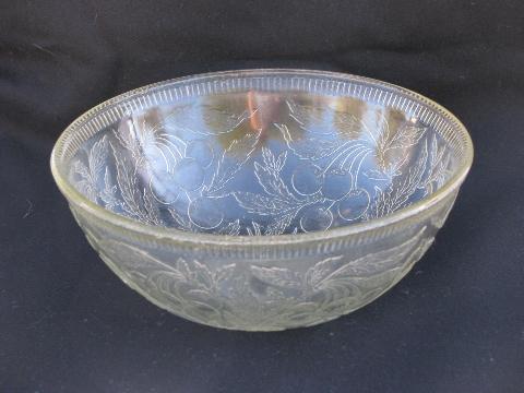 photo of cherries pattern vintage pressed glass serving bowl, embossed cherry fruit #1