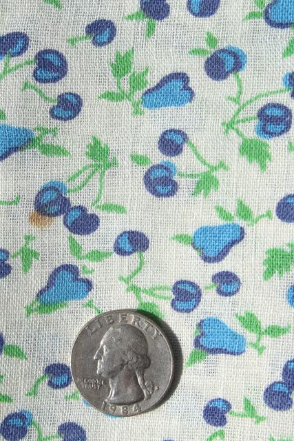 photo of cherries & pears blue and white print cotton feedsack fabric, 40s 50s vintage #1