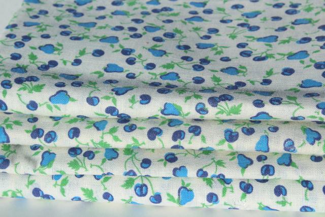 photo of cherries & pears blue and white print cotton feedsack fabric, 40s 50s vintage #2