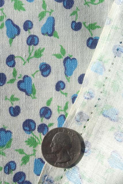 photo of cherries & pears blue and white print cotton feedsack fabric, 40s 50s vintage #6