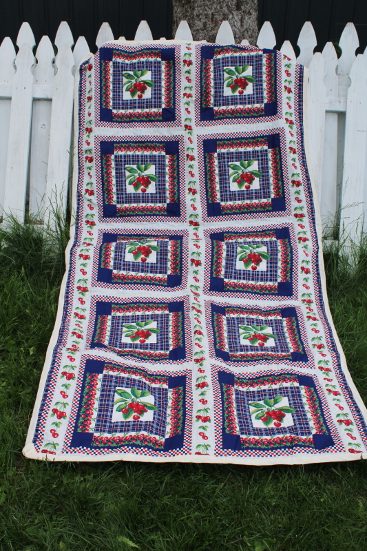 photo of cherries print cotton red white blue picnic blanket porch quilt handmade vintage #1