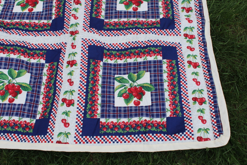photo of cherries print cotton red white blue picnic blanket porch quilt handmade vintage #2
