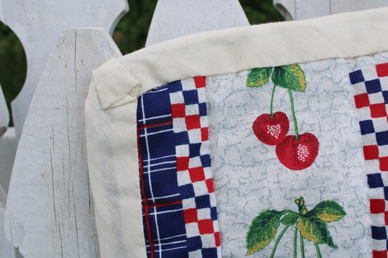 photo of cherries print cotton red white blue picnic blanket porch quilt handmade vintage #3