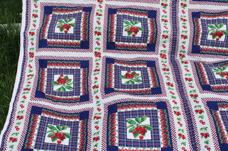 photo of cherries print cotton red white blue porch quilt picnic blanket handmade vintage #2