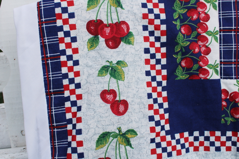 photo of cherries print cotton red white blue porch quilt picnic blanket handmade vintage #4
