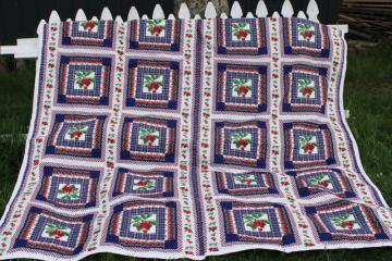 catalog photo of cherries print cotton red white blue porch quilt picnic blanket handmade vintage