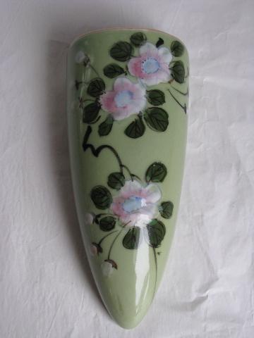 photo of cherry blossom or plum blossoms on celadon green, large ceramic wall pocket vase #1