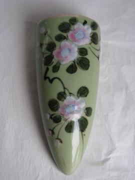 catalog photo of cherry blossom or plum blossoms on celadon green, large ceramic wall pocket vase