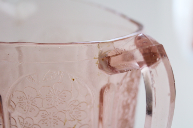 photo of cherry blossom pink depression glass pitcher w/ flaw, 1930s vintage Jeannette glass #4