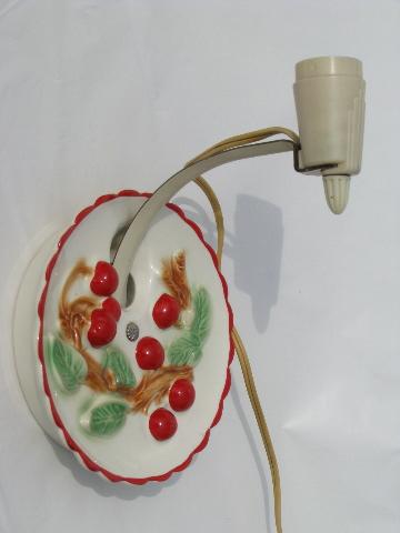 photo of cherry branch vintage china wall sconce lamp, painted red cherries #1