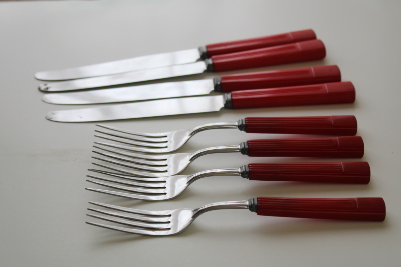 photo of cherry red bakelite forks & knives set for four, mid century modern vintage flatware #2