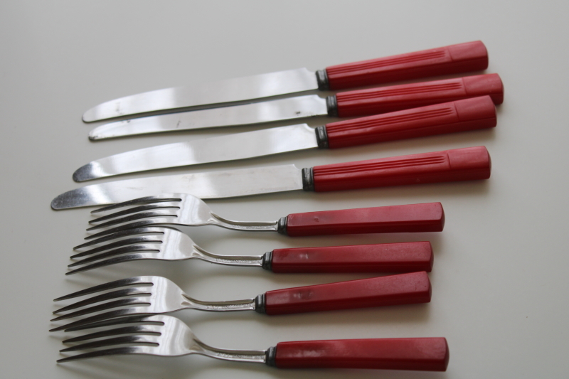 photo of cherry red bakelite forks & knives set for four, mid century modern vintage flatware #3