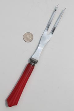 catalog photo of cherry red bakelite handle meat fork, red handled vintage kitchen utensil