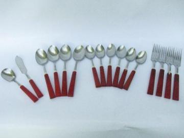 catalog photo of cherry red bakelite handles vintage flatware lot, spoons, forks, knives