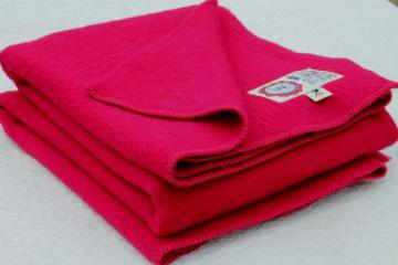 catalog photo of cherry red vintage wool blanket w/ Van Wjk Holland label, thick & shaggy, very soft