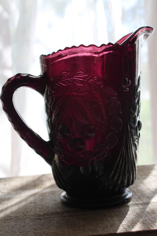 photo of cherry wreath pattern pressed glass lemonade pitcher, vintage amethyst glass #1