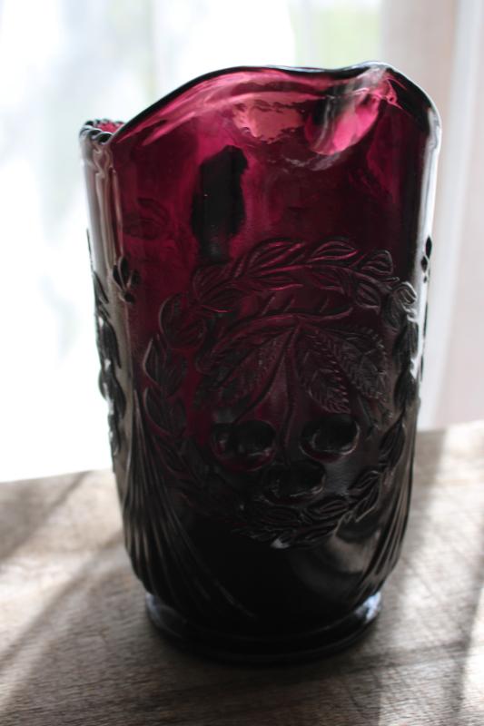 photo of cherry wreath pattern pressed glass lemonade pitcher, vintage amethyst glass #2
