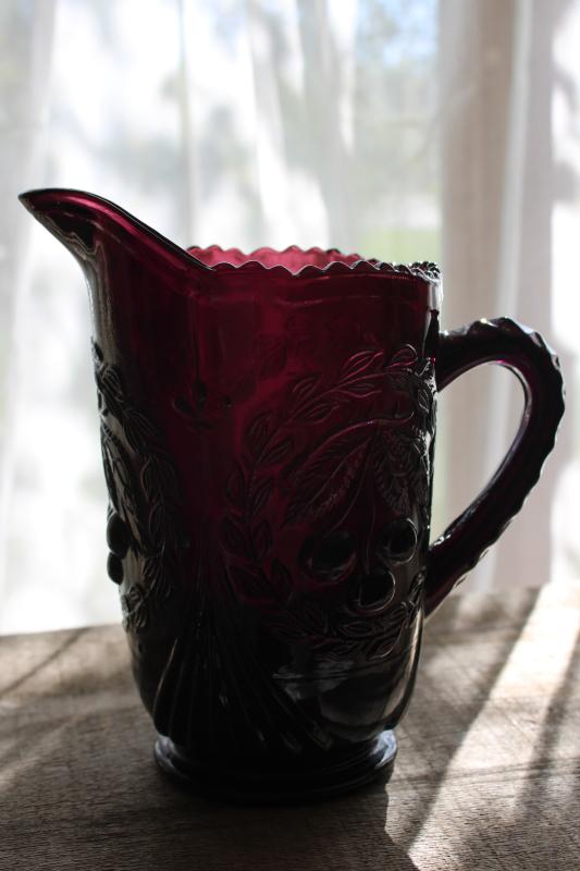 photo of cherry wreath pattern pressed glass lemonade pitcher, vintage amethyst glass #3