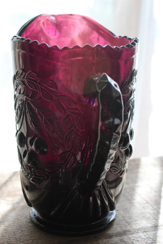 photo of cherry wreath pattern pressed glass lemonade pitcher, vintage amethyst glass #6